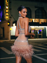 Load image into Gallery viewer, Tamisha Halterneck Rhinestone Feather Mini Dress
