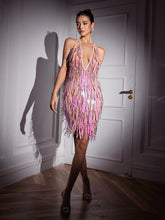 Load image into Gallery viewer, Taryn V Neck Crystal Chain Fringe Mini Dress

