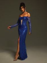 Load image into Gallery viewer, Tavorian Off Shoulder Sequin Split Maxi Dress

