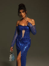 Load image into Gallery viewer, Tavorian Off Shoulder Sequin Split Maxi Dress
