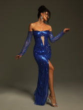Load image into Gallery viewer, Tavorian Off Shoulder Sequin Split Maxi Dress
