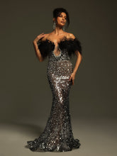 Load image into Gallery viewer, Tayne Off Shoulder Feather Rhinestone Maxi Dress
