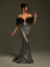 Load image into Gallery viewer, Tayne Off Shoulder Feather Rhinestone Maxi Dress
