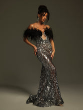 Load image into Gallery viewer, Tayne Off Shoulder Feather Rhinestone Maxi Dress
