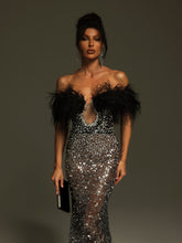 Load image into Gallery viewer, Tayne Off Shoulder Feather Rhinestone Maxi Dress
