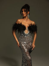 Load image into Gallery viewer, Tayne Off Shoulder Feather Rhinestone Maxi Dress
