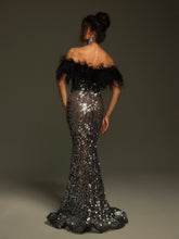 Load image into Gallery viewer, Tayne Off Shoulder Feather Rhinestone Maxi Dress
