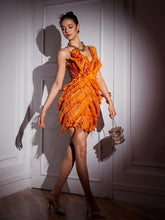 Load image into Gallery viewer, Theia Feather Trimmed Embroidered Mini Dress
