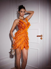 Load image into Gallery viewer, Theia Feather Trimmed Embroidered Mini Dress
