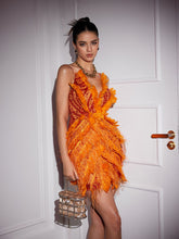 Load image into Gallery viewer, Theia Feather Trimmed Embroidered Mini Dress
