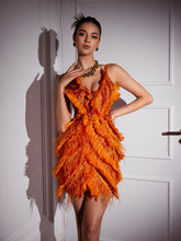Load image into Gallery viewer, Theia Feather Trimmed Embroidered Mini Dress
