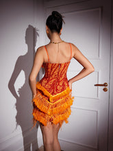 Load image into Gallery viewer, Theia Feather Trimmed Embroidered Mini Dress
