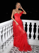 Load image into Gallery viewer, Titania One Shoulder Tulle Maxi Dress In Red
