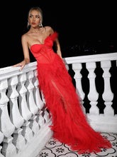 Load image into Gallery viewer, Titania One Shoulder Tulle Maxi Dress In Red
