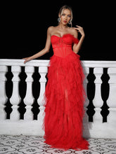 Load image into Gallery viewer, Titania One Shoulder Tulle Maxi Dress In Red
