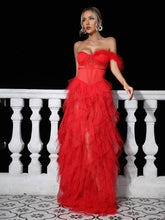 Load image into Gallery viewer, Titania One Shoulder Tulle Maxi Dress In Red
