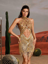 Load image into Gallery viewer, Tobin Sequin Fringe Metallic Dress In Gold
