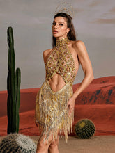 Load image into Gallery viewer, Tobin Sequin Fringe Metallic Dress In Gold
