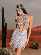 Load image into Gallery viewer, Tobin Sequin Fringe Metallic Dress In Silver
