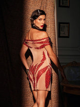 Load image into Gallery viewer, Toivo Off Shoulder Rhinestone Mesh Dress In Red
