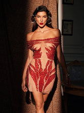 Load image into Gallery viewer, Toivo Off Shoulder Rhinestone Mesh Dress In Red
