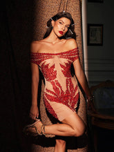 Load image into Gallery viewer, Toivo Off Shoulder Rhinestone Mesh Dress In Red
