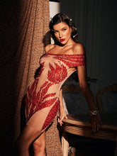 Load image into Gallery viewer, Toivo Off Shoulder Rhinestone Mesh Dress In Red
