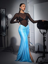 Load image into Gallery viewer, Tyndall Ruched Split Satin Skirt Set In Sky
