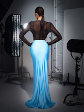 Load image into Gallery viewer, Tyndall Ruched Split Satin Skirt Set In Sky
