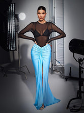 Load image into Gallery viewer, Tyndall Ruched Split Satin Skirt Set In Sky
