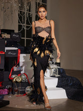 Load image into Gallery viewer, Uosat Rhinestone Feather Trimmed Maxi Dress
