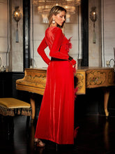 Load image into Gallery viewer, Veena Crystal Feather Trimmed Split Maxi Dress
