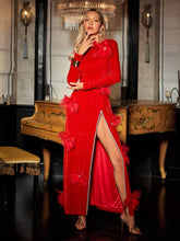 Load image into Gallery viewer, Veena Crystal Feather Trimmed Split Maxi Dress
