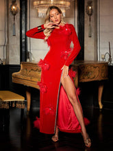 Load image into Gallery viewer, Veena Crystal Feather Trimmed Split Maxi Dress
