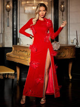 Load image into Gallery viewer, Veena Crystal Feather Trimmed Split Maxi Dress
