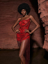 Load image into Gallery viewer, Verona Embellished Diamond Chain Dress In Red
