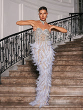 Load image into Gallery viewer, Vieby Strapless Rhinestone Feather Maxi Dress
