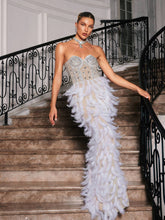 Load image into Gallery viewer, Vieby Strapless Rhinestone Feather Maxi Dress
