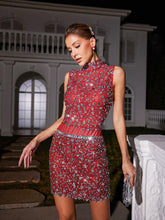 Load image into Gallery viewer, Wade Rhinestone Mesh Skirt Set In Red
