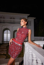 Load image into Gallery viewer, Wade Rhinestone Mesh Skirt Set In Red
