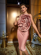 Load image into Gallery viewer, Wells Satin Ruched Flower Midi Dress
