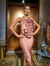 Load image into Gallery viewer, Wells Satin Ruched Flower Midi Dress
