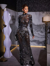 Load image into Gallery viewer, Zain Long Sleeve Acrylic Mesh Maxi Dress
