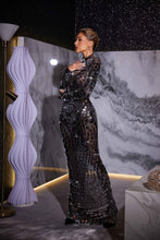 Load image into Gallery viewer, Zain Long Sleeve Acrylic Mesh Maxi Dress
