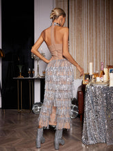 Load image into Gallery viewer, Zelie Halterneck Rhinestone Fringe Midi Dress
