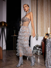 Load image into Gallery viewer, Zelie Halterneck Rhinestone Fringe Midi Dress
