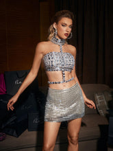 Load image into Gallery viewer, Zelie Rhinestone Cutout Crop Top In Silver

