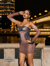 Load image into Gallery viewer, Zimri Rhinestone Mesh Dress In Dark Nude With Gloves

