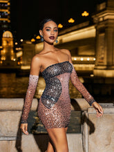 Load image into Gallery viewer, Zimri Rhinestone Mesh Dress In Dark Nude With Gloves
